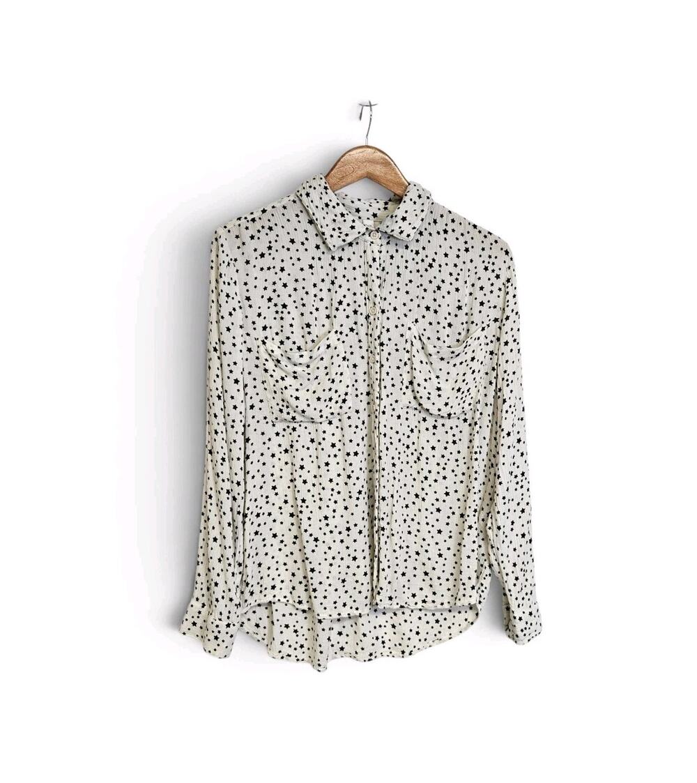 Allison Joy White Black Star Print Crinkle Texture Button Up Shirt Size Large
